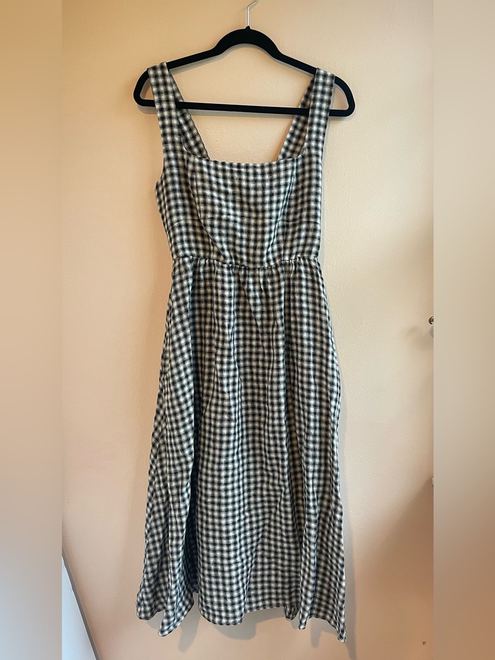 Quince 100% Linen Gingham Midi Dress Black White Smocked Back Size M